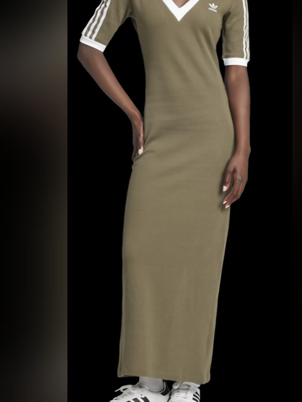 adidas Olive Green Maxi Dress with Contrast Sleeve Trim